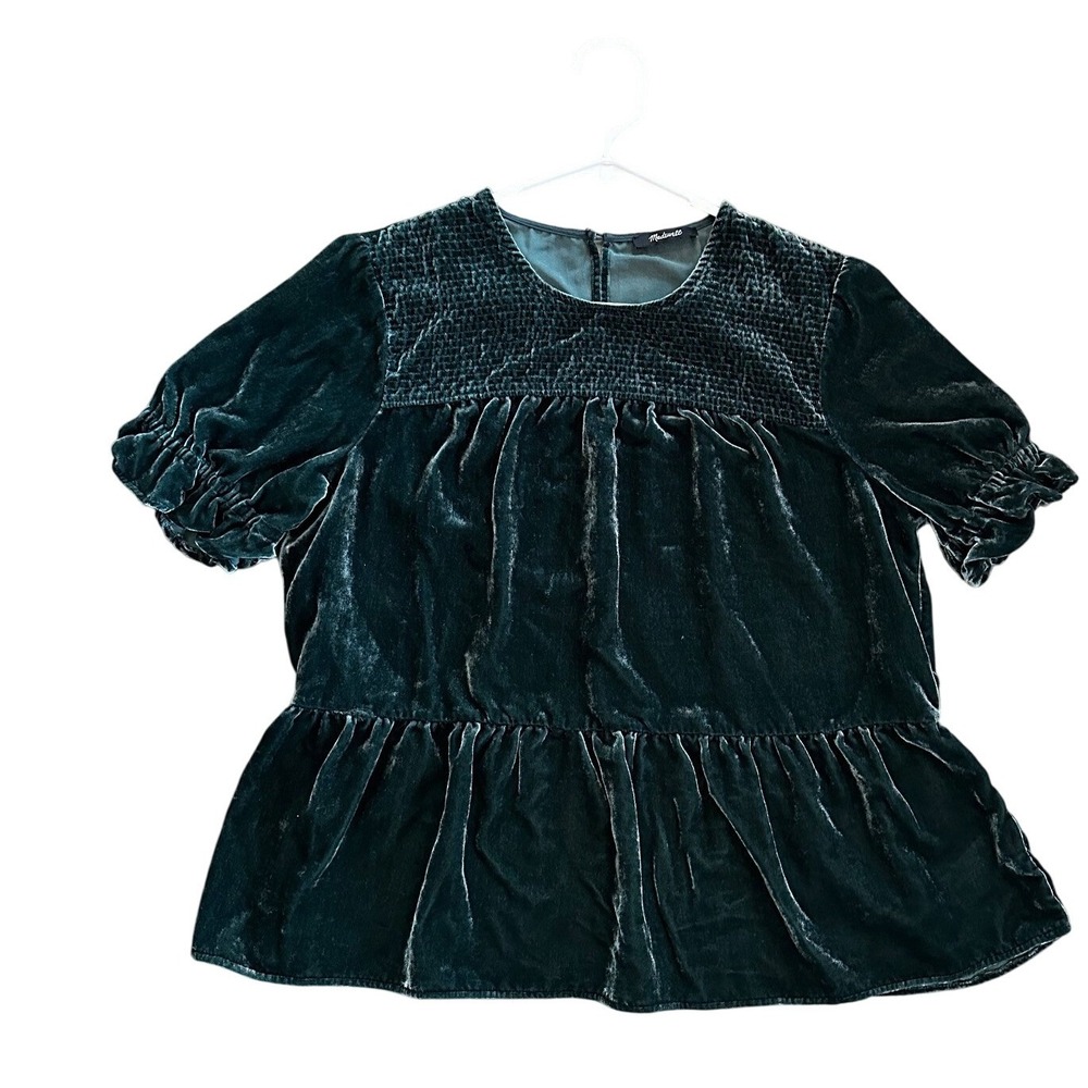 Madewell Smocked Velvet Peplum Top Dark Green Emerald Puff‎ Sleeve Blouse M